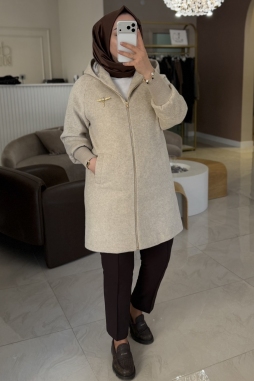 Bej FERMUARLI KAPÜŞONLU KABAN