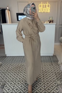 Bej Çıt Düğme Elbise-2032Elb