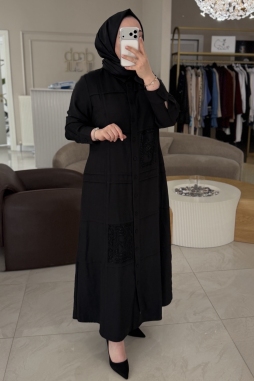 Siyah ŞERİT DETAYLI BONCUK İŞLEME ELBİSE