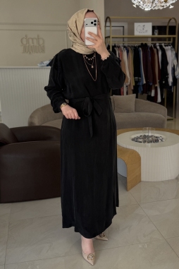 Siyah Omuz Fırfırlı Ve Taşlı Kupra Elbise 2043