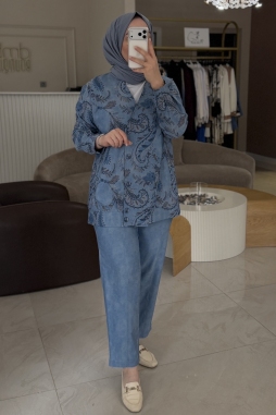 Lacivert KRUVAZE JAKARLI DENİM CEKET DÜZ DENİM PANTOLON TAKIM 5120