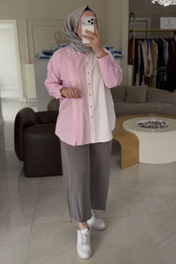 Pembe ÇİZGİ DESEN MİXLİ ÇİFT SIRA GÖMLEK