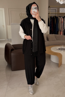 Siyah Pul Şerit Detaylı Yelek Paça Pensli Pantolon Takım 3106