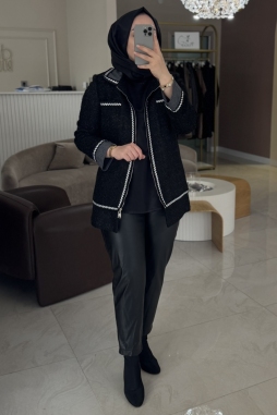 Siyah Tüvit Ekose Ceket Deri Pantolon Takım