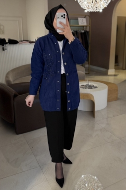 Lacivert ANGORA ÇİÇEK İŞLEME UZUN HIRKA 7007