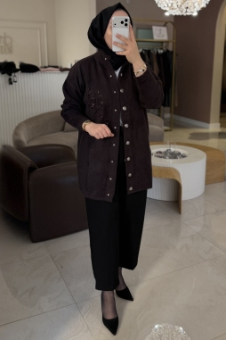 Kahverengi Angora Çiçek İşleme Uzun Hırka 7007