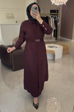 Bordo KEMERLİ BONCUK İŞLEME ELBİSE