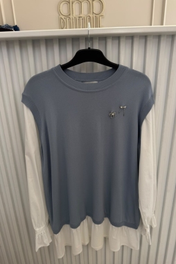Mavi Gömlek Görünümlü  Metal Broş Detaylı Rayon Tunik