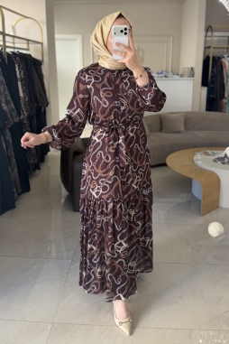 Merwish Bordo Elegante Zincir Elbise