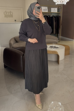 Gri Saten Kurdele Detaylı Etekli Takım