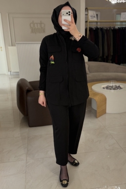 Siyah Süsleme Detay Yelek Takım