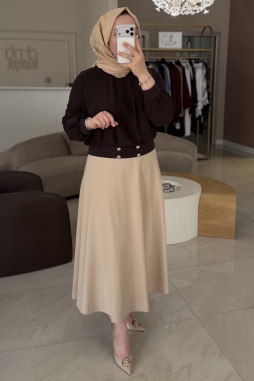 Kahverengi Düğme Detaylı Ribanalı Bluz