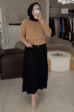 Camel Omzu Düğmeli Fermuar Detaylı Bluz