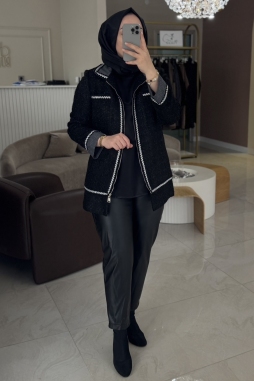 Siyah Tüvit Ekose Ceket Deri Pantolon Takım