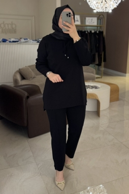 Nuss Siyah Broşlu Pantolonlu Triko Takım 1353