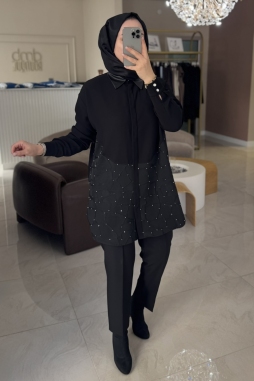 Siyah Jakar Garnili Taş İşli Tunik 