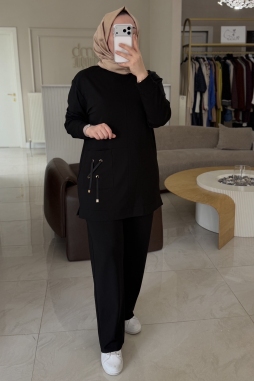 Siyah Cepleri İp Detaylı Pantolonlu 1094 Takım