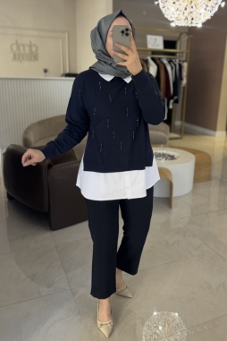 Lacivert BONCUK İŞLEMELİ GÖMLEK DETAYLI TUNİK