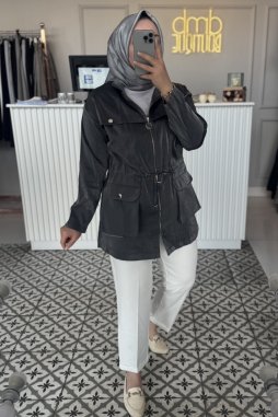 Siyah Jakar Bağcık Detay Ceket