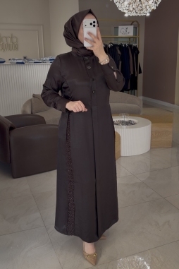 Kahverengi 5966 DÜĞME DETAYLI ELBİSE