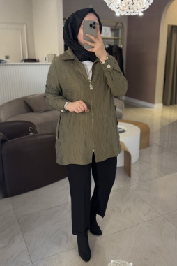 Haki Kırışık Gold Detaylı Tunik