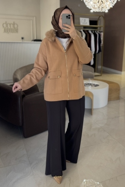 Camel Yakası Kürklü Triko Hırka