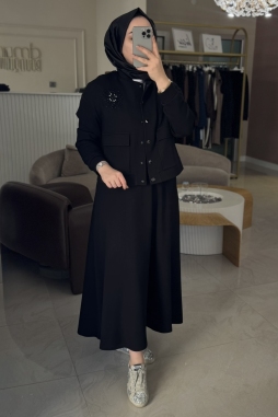 Siyah TAŞ İŞLEMELİ ÇIT CEKETLİ ETEKLİ TAKIM