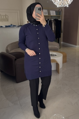 Lacivert Yakası Taş İşleme Hırka 300T
