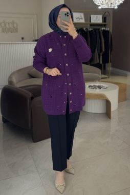 Mor Angora Şerit Taş Detay Hırka 7010