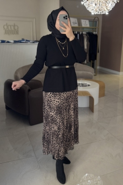 Camel Leopar Kırıştırma Etek