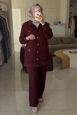 Bordo Metal Düğmeli Büzgülü Takım