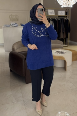 Saks Mavisi ANGORA GÖĞÜS  ÜSTÜ TAŞLI TUNİK 7002