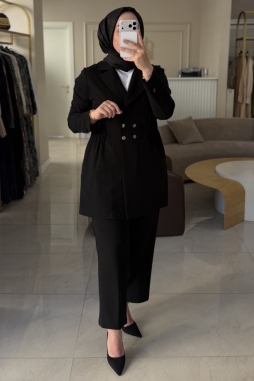 Siyah Beli Büzgülü Ceket Pantolon Takım