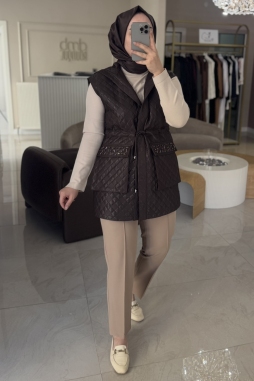 Kahverengi Taş İşleme Kapişon Yelek