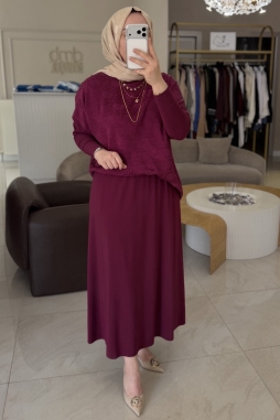 Mürdüm Jakar Desenli Büzgü Etekli Takım 1058