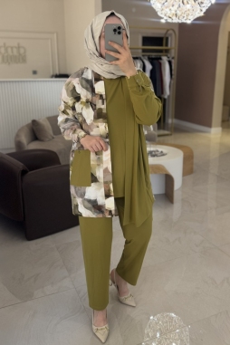 Yeşil Kimono Emprime 3Lü Takım