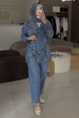 Lacivert KRUVAZE JAKARLI DENİM CEKET DÜZ DENİM PANTOLON TAKIM 5120