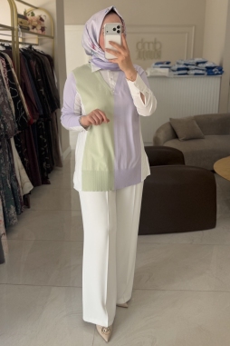 Lila İki Renkli Rayon Mixli Gömlek Yaka Tunik