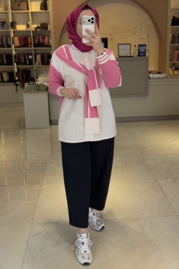 Pembe Önden Bağlamalı Triko Detaylı Gömlek