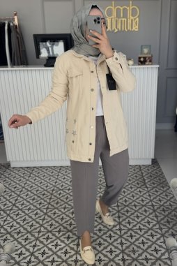Bej Yıldız İşleme Kot Ceket 6044