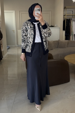 Lacivert Saten Desenli Ceket Etek Takım