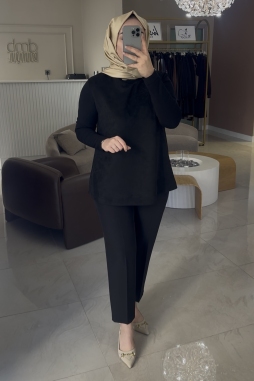 Siyah SÜET VE MERSERİZE DETAYLI 3004 TUNİK 