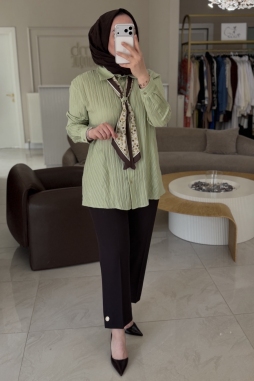 OLIV ŞAL AKSESUARLI ÇİZGİLİ GÖMLEK