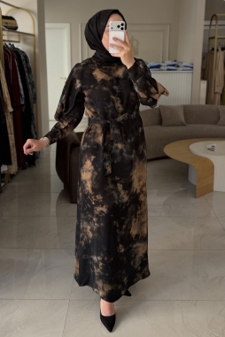 Camel omuz detaylı cupro elbise 