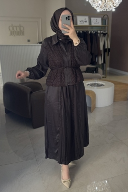 Kahverengi İpek Yelekli Elbise