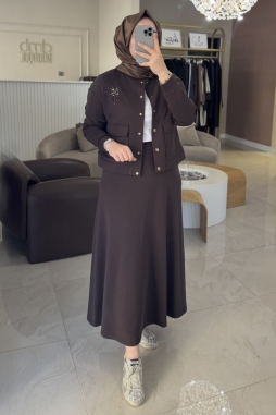 Kahverengi TAŞ İŞLEMELİ ÇIT CEKETLİ ETEKLİ TAKIM