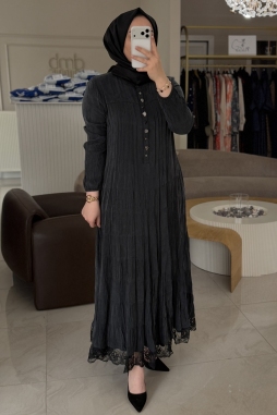 Siyah Çıt Ve Etek Ucu Dantel Detay Elbise