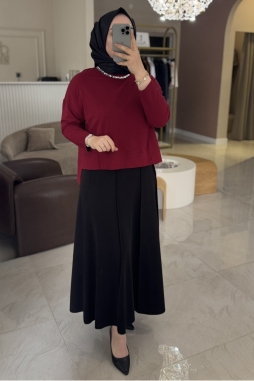 Bordo Yakası Taşlı Kısa Bluz