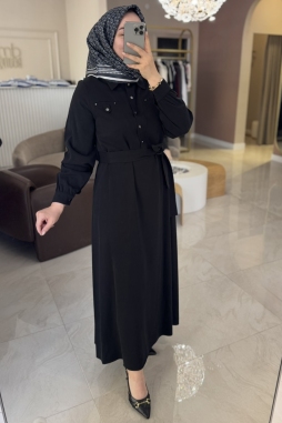 Siyah İKİ CEP ZIMBA DETAY ELBİSE 2008