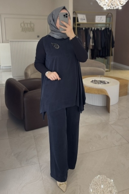 Lacivert Asimetrik Kesim İpek Takım 1033